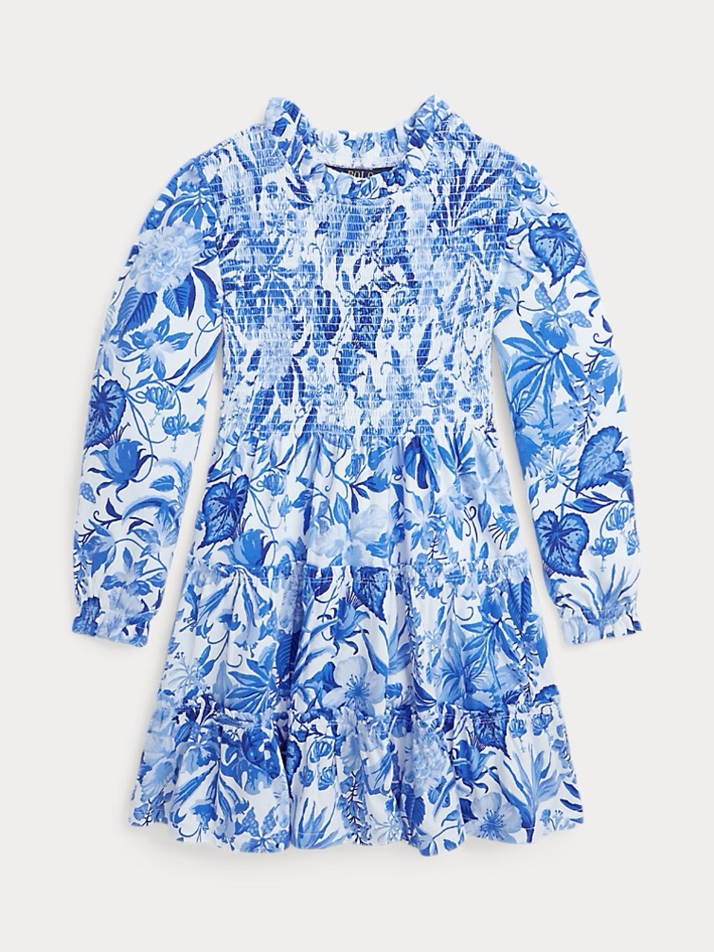 Polo by Ralph Lauren Blue and White Floral Smocked Long-Sleeve Dress